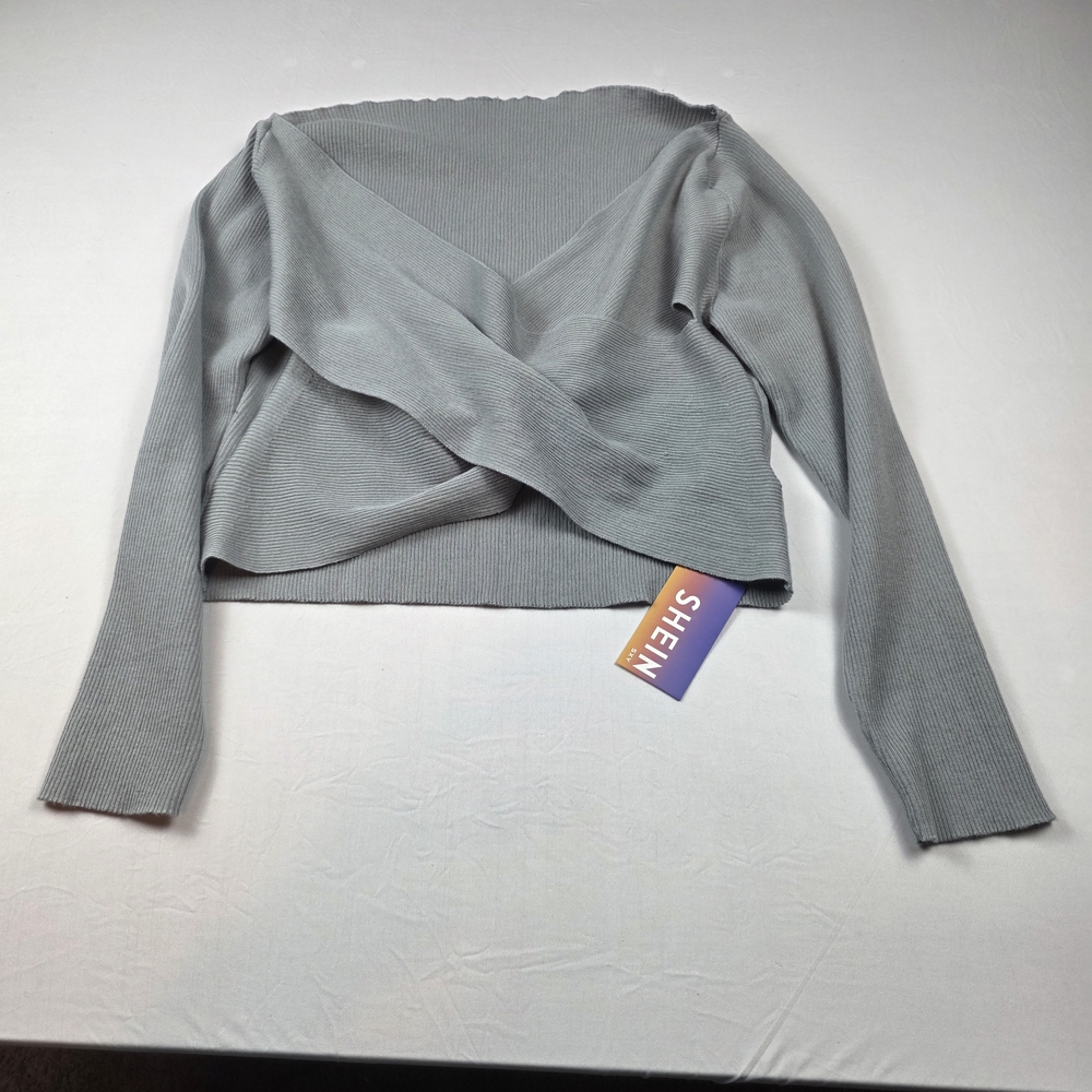 SHEIN Gray Ribbed Wrap Knit Top